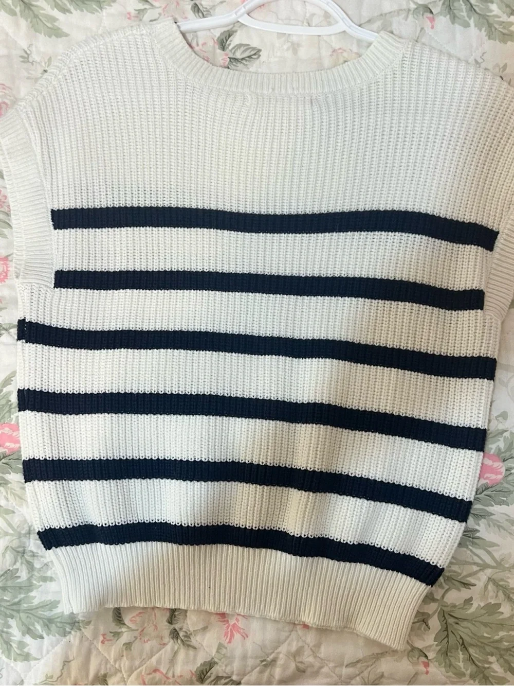 Women's White & Black Striped Knit Sweater Vest